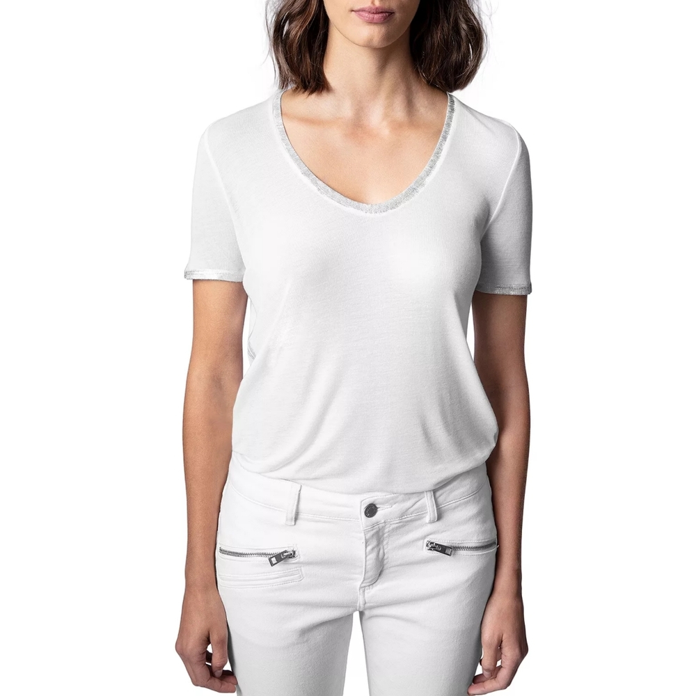 Zadig & Voltaire Tino Foil Metallic White Modal Tee Large